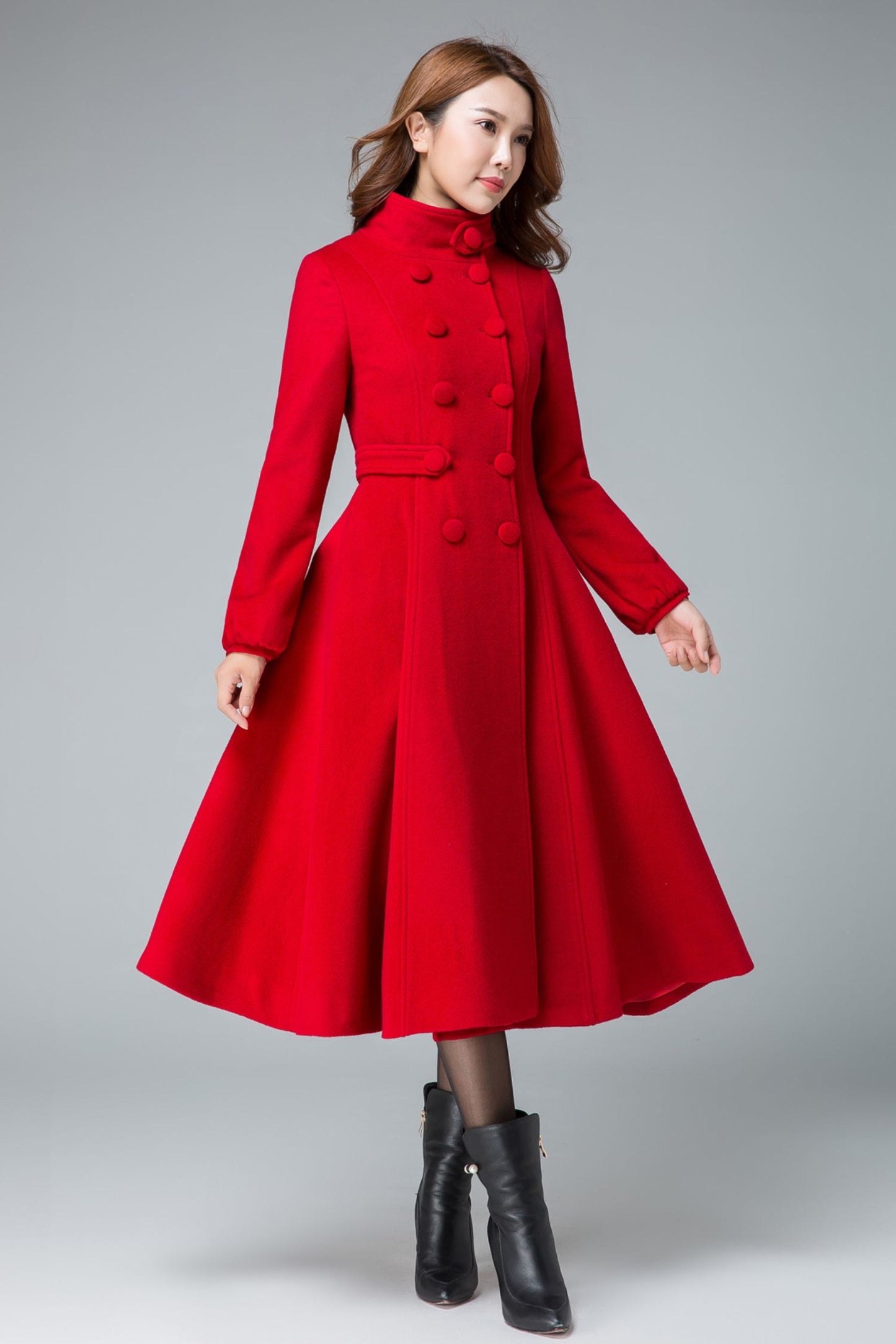 Red Fit and Flare Wool Long Winter Coat Women 1846#