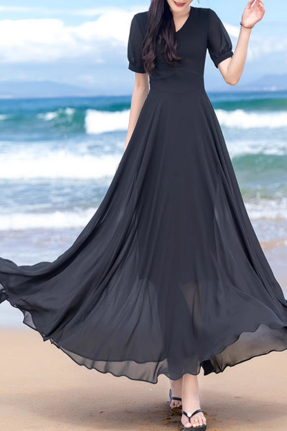 Fit and flare black maxi swing summer chiffon dress 5153
