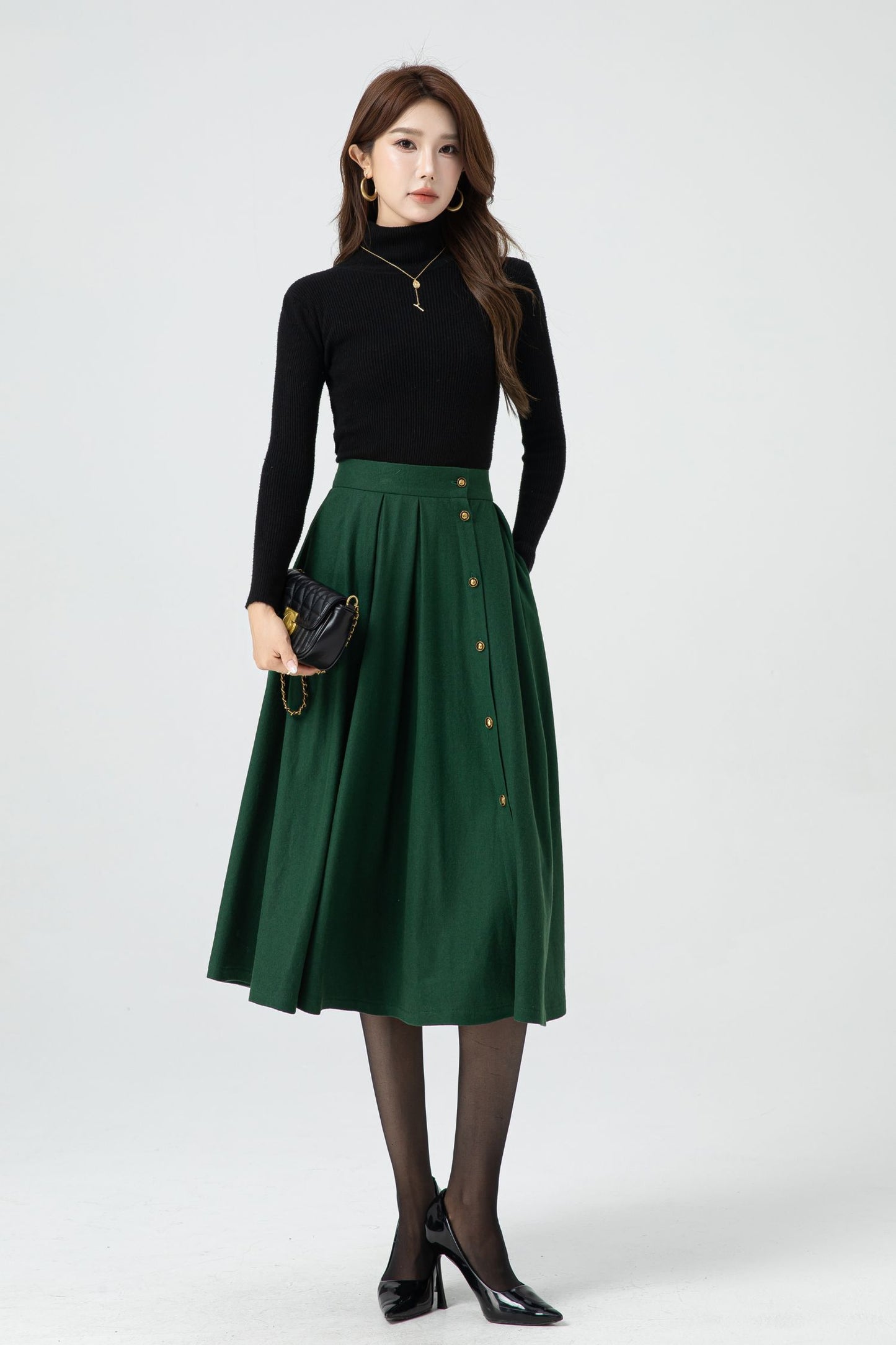 Button front green midi wool skirt 5322