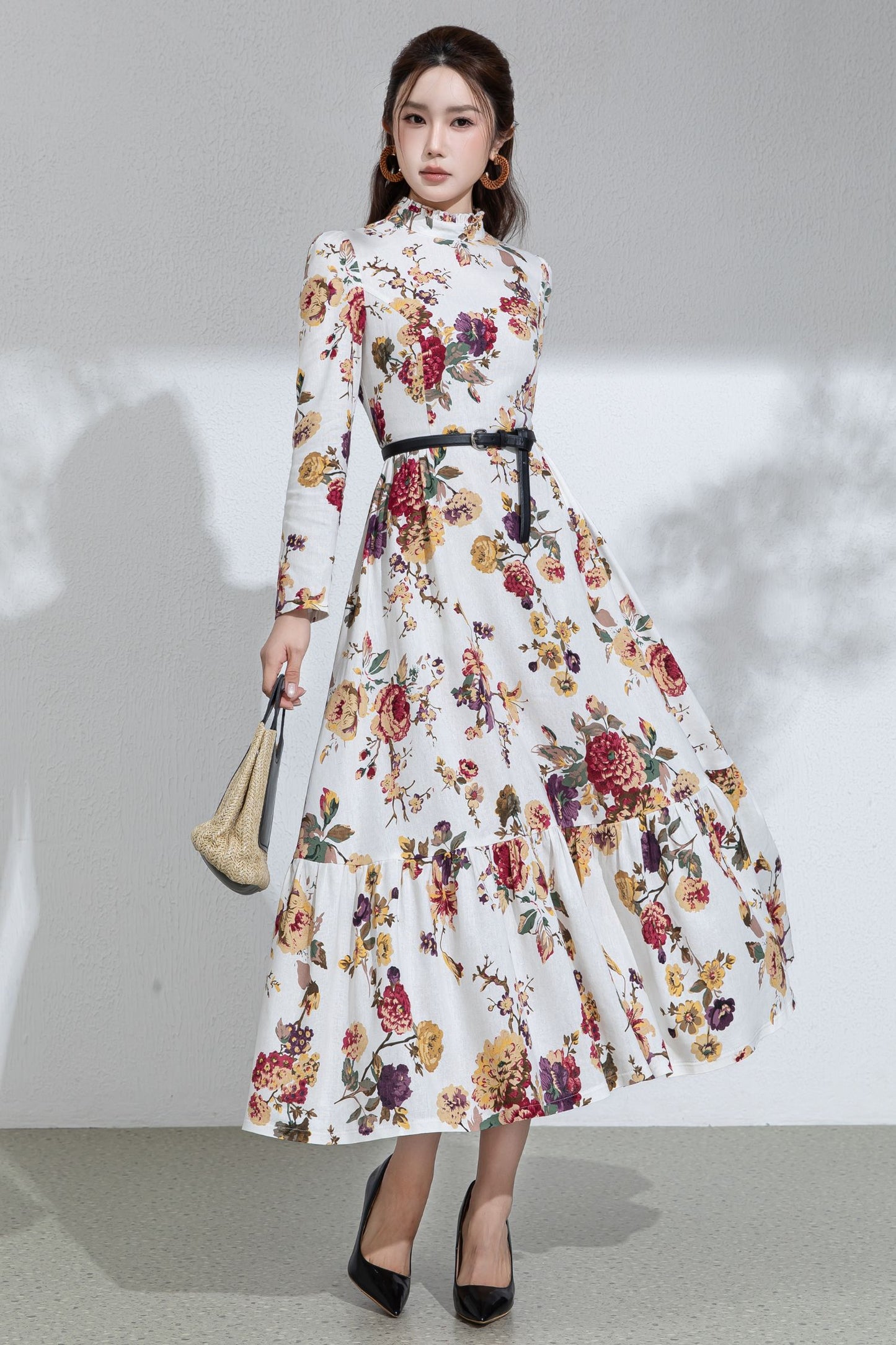 Floral Cotton Linen Maxi Dress: Ruffle High Neck Long Sleeve Dress 6713