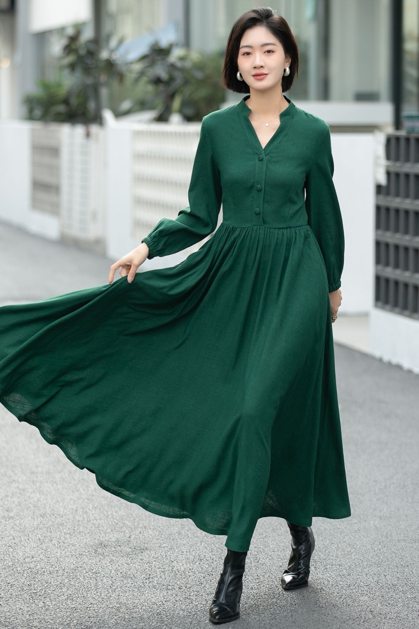 Green Linen Cotton Shirt Dress – Vintage Button-Up Midi Dress 6658