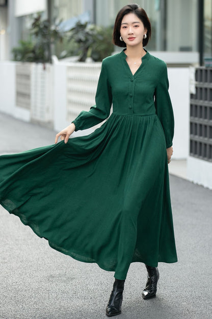 Green Linen Cotton Shirt Dress – Vintage Button-Up Midi Dress 6658