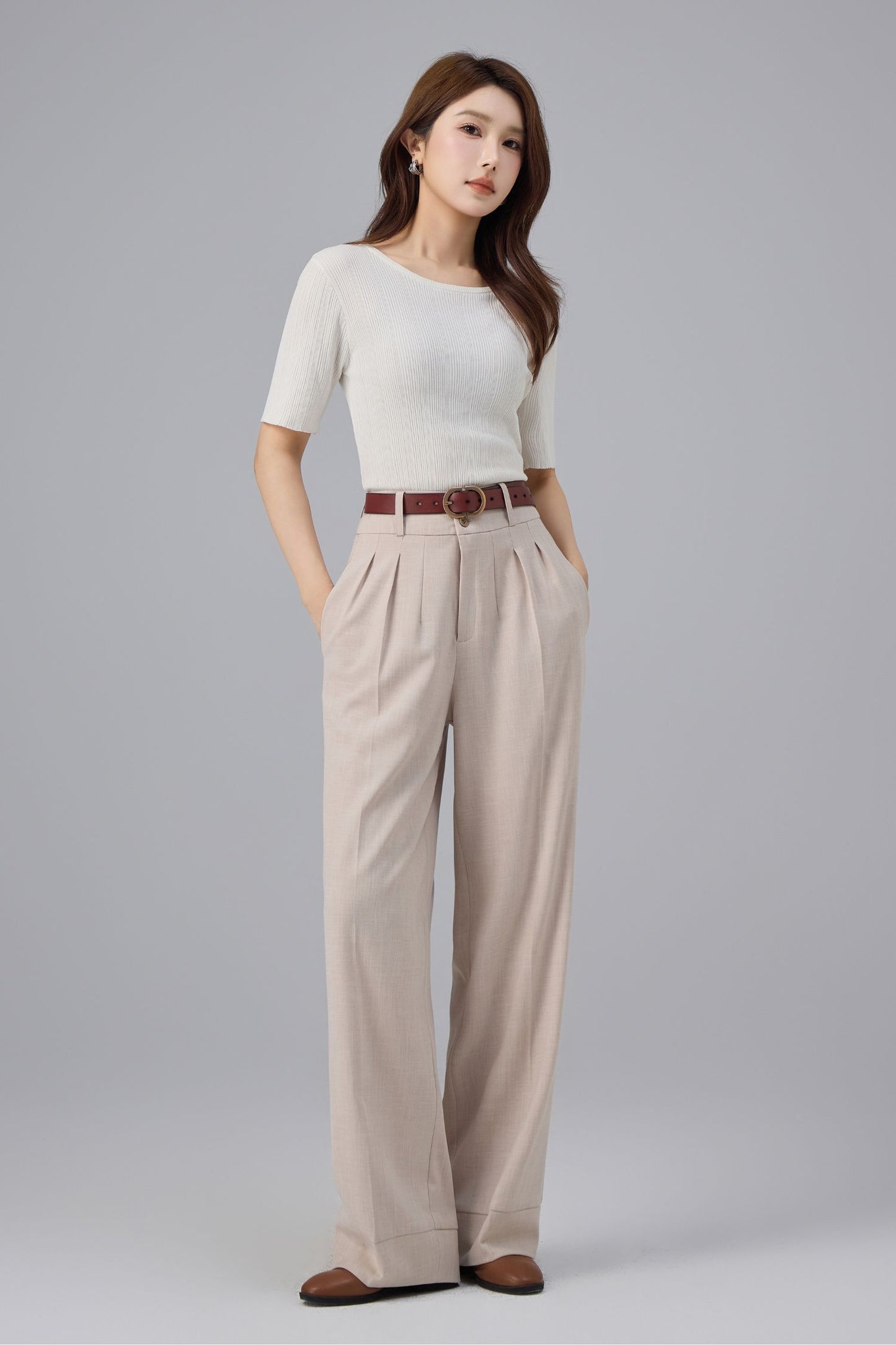 Beige Polyester Wide Leg Pants - High Waist Pleated | Xiaolizi 6761