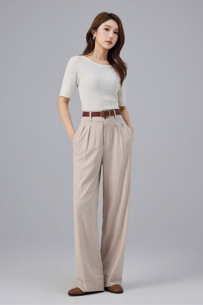 Beige Polyester Wide Leg Pants - High Waist Pleated | Xiaolizi 6761