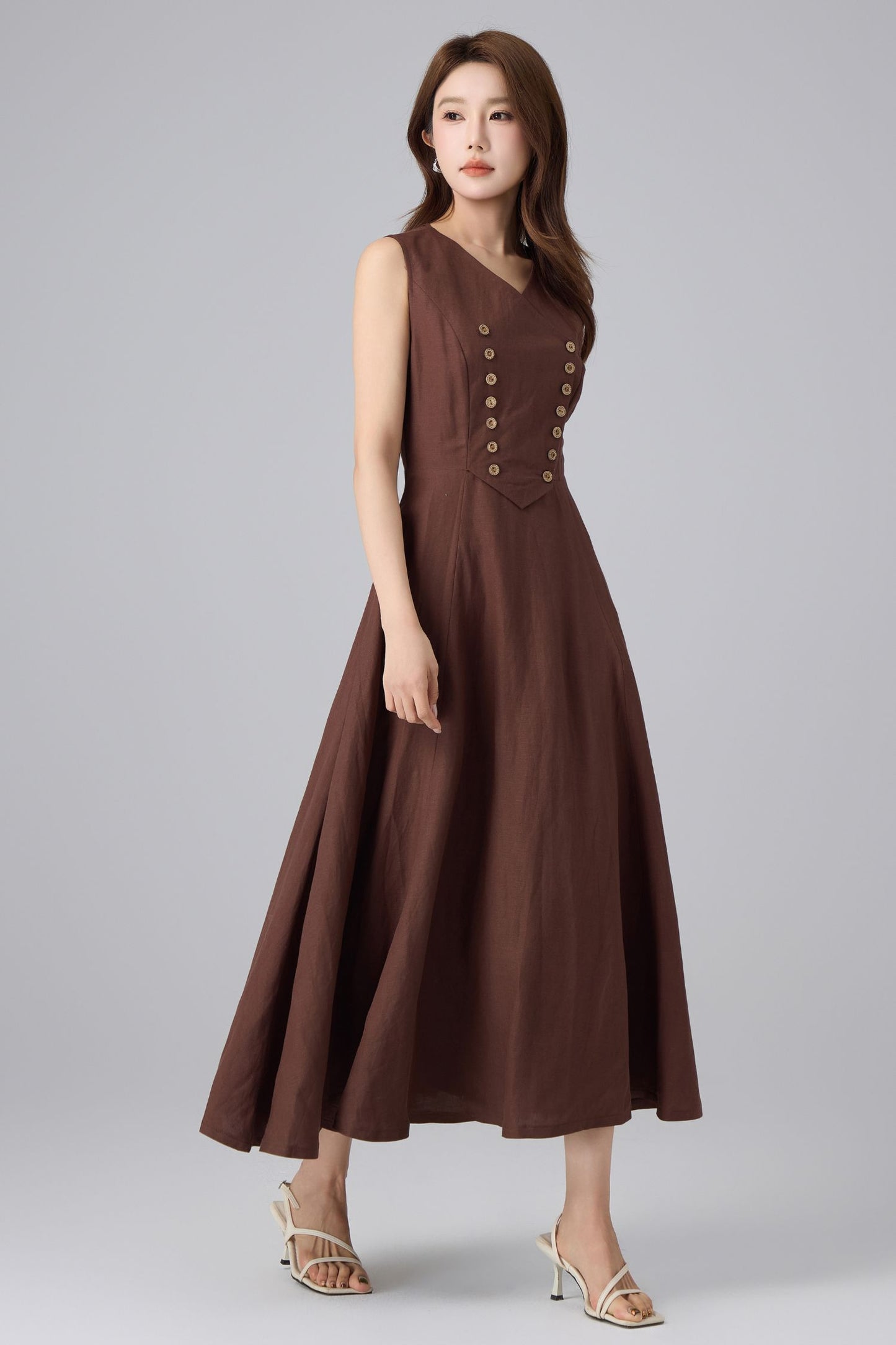 Brown Linen Cotton Pinafore Dress - V-Neck Maxi | Xiaolizi 6757