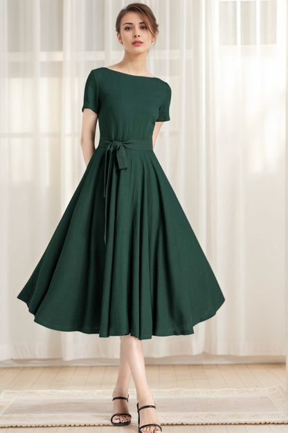 Dark Green Linen Fit and Flare Dress – Boat Neck Midi with Pockets 6626