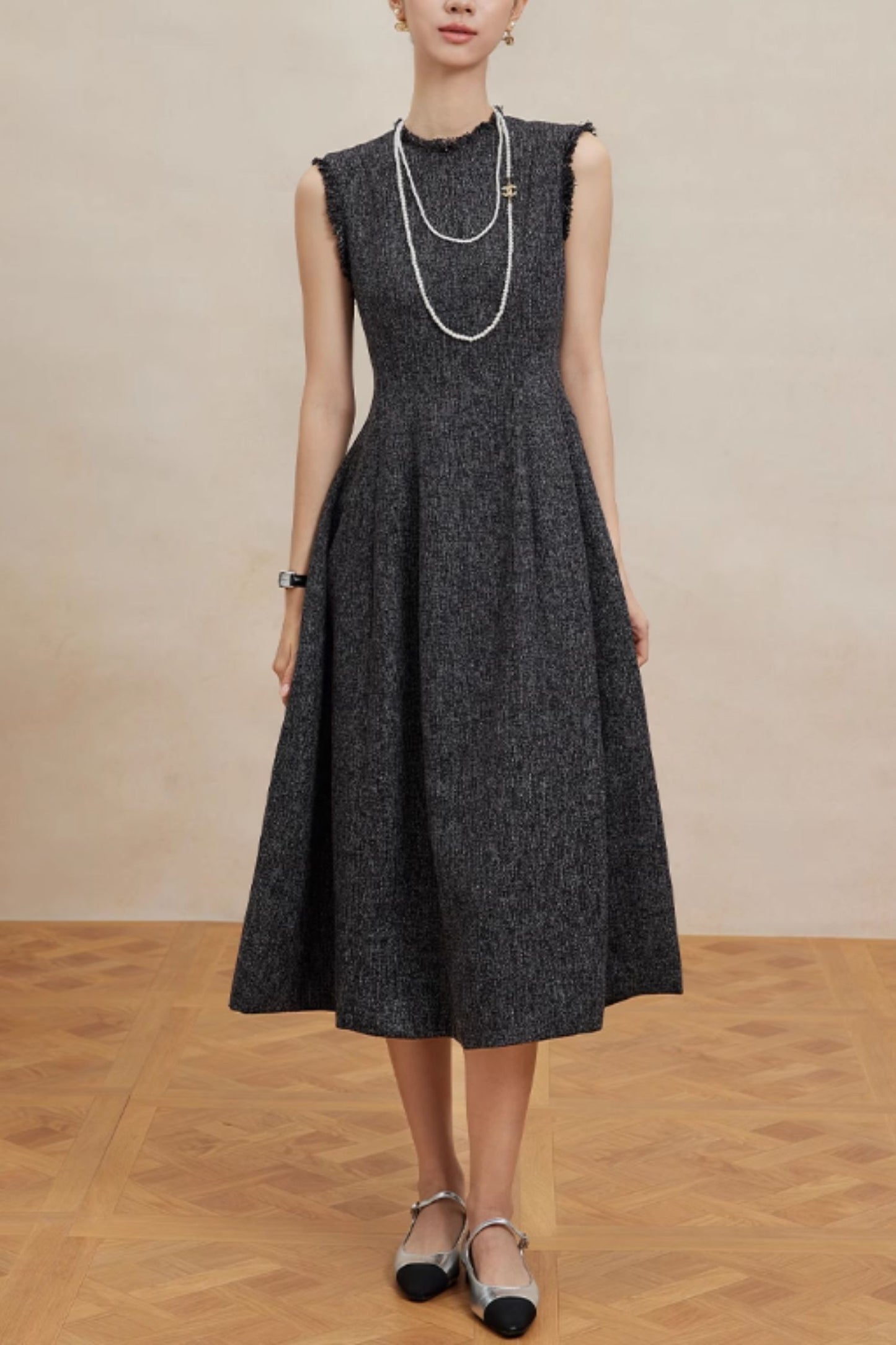 Classic Dark Grey Wool Midi Dress  – Fit & Flare A-Line – 6455