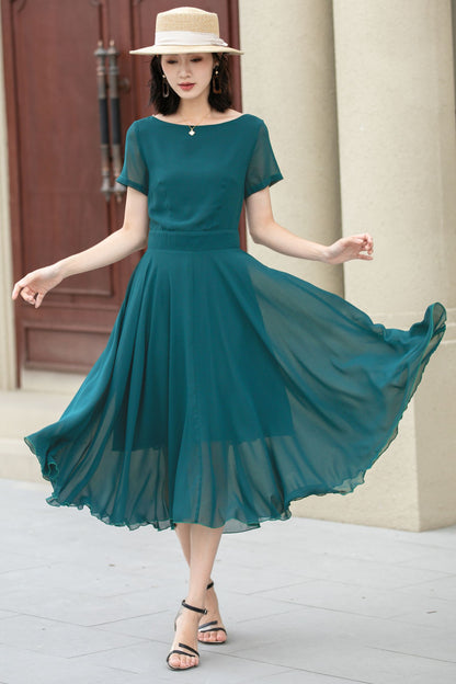 Midi fit and flare summer swing chiffon dress 6104