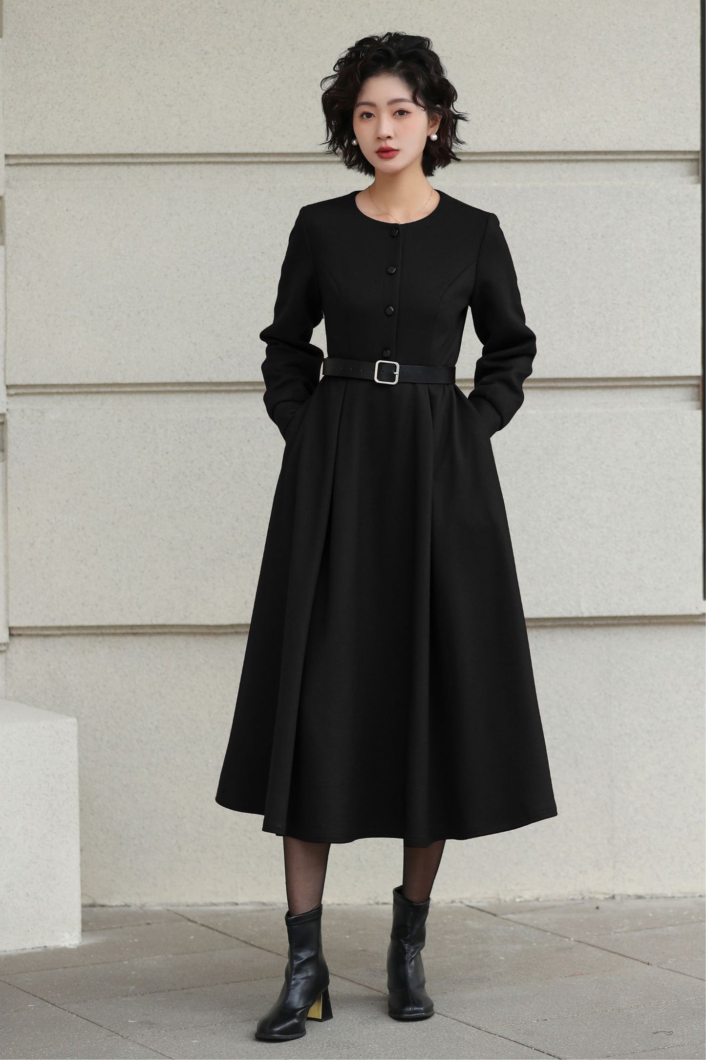 Handmade Vintage Wool Dress – Burgundy Fit and Flare Midi Dress for Winter 6612