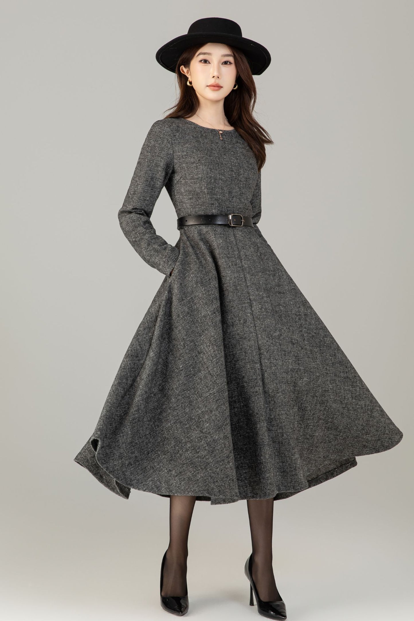 Xiaolizi Vintage-Inspired Handmade Wool Blend Fit & Flare Midi Dress – Long Sleeve Round Neck 6501