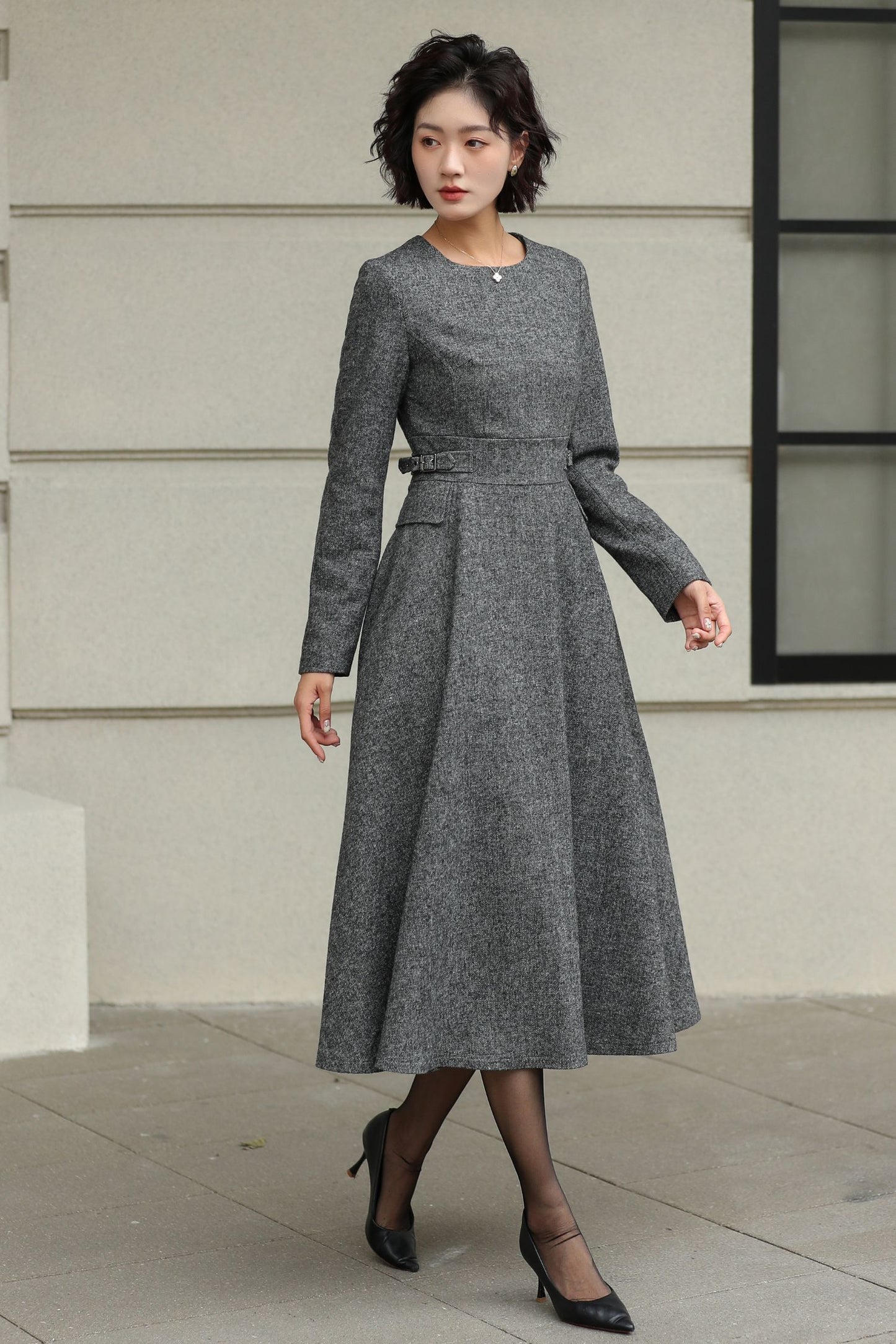 Classic Gray Fit And Flare Wool Dress 6530