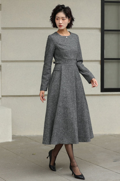 Classic Gray Fit And Flare Wool Dress 6530