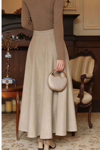 Beige Wool Blend Midi A-Line Skirt, High Waist Paneled Flared Skirt 7026