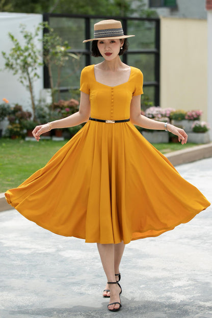 Linen Midi Dress for Women, Square Neckline | Xiaolizi 5981