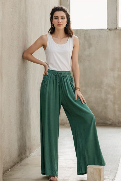 Linen Cotton Wide Leg Pants - Elastic Waist Side Pockets 6 Colors | Xiaolizi 2879