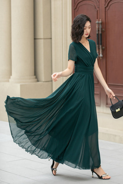 Dark Green Chiffon Maxi Dress – Handmade V Neck Swing Party Elegance 5114