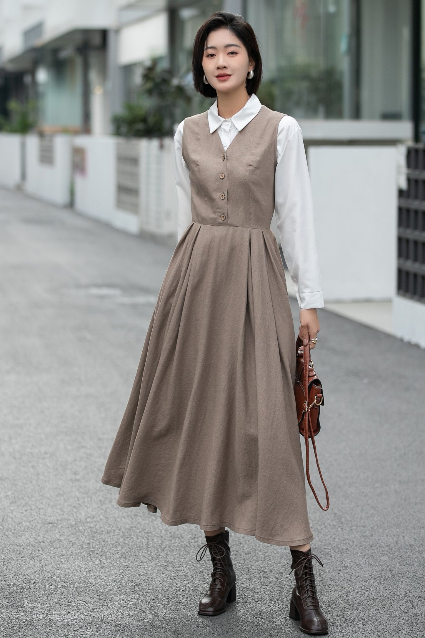 Handmade Linen Cotton Pinafore Midi Dress – Vintage Sleeveless Layering Dress 6657