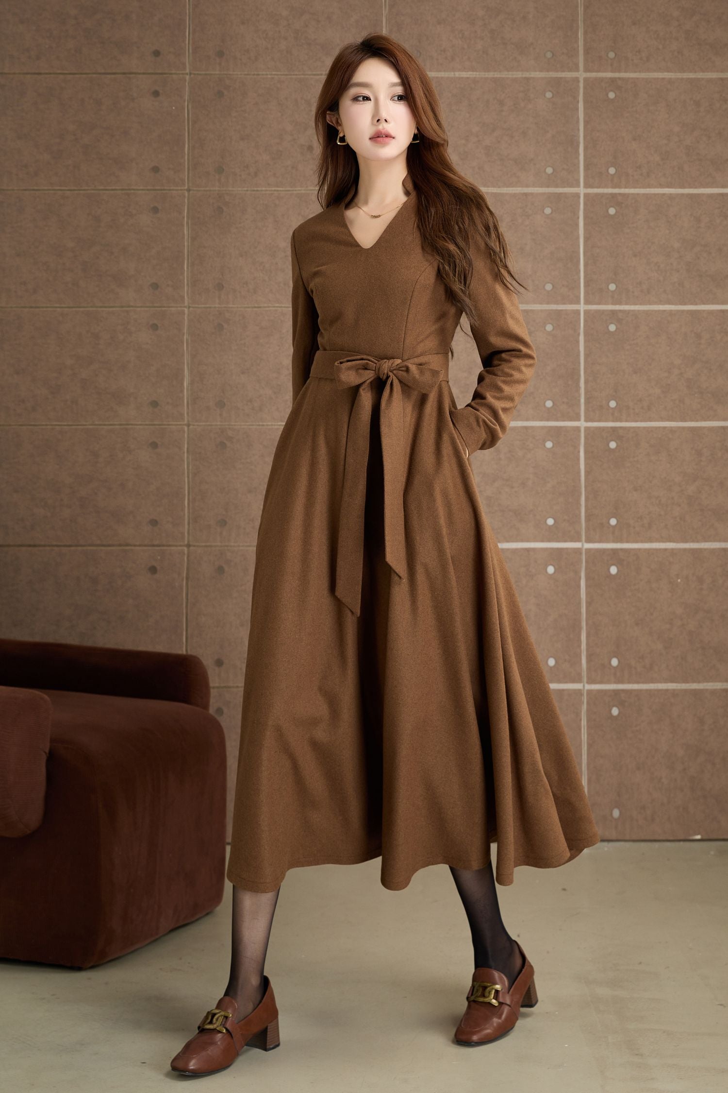 Fit and flare brown winter wool dress 5360 - brown / S Fit and flare brown winter wool dress 5360 - brown / S
