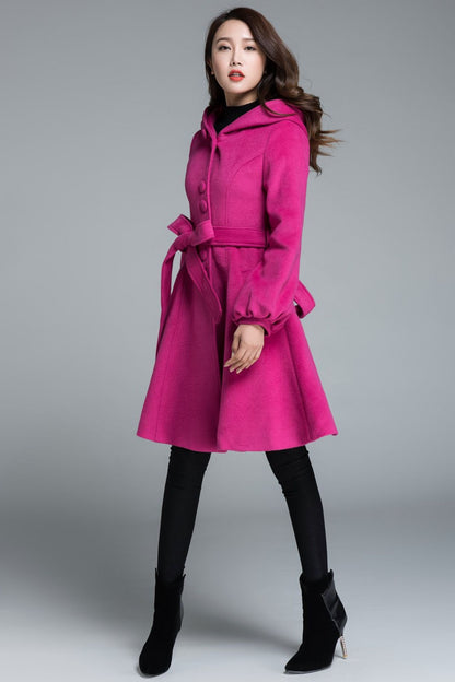 Hooded swing wool coat with tie belt waist 1647