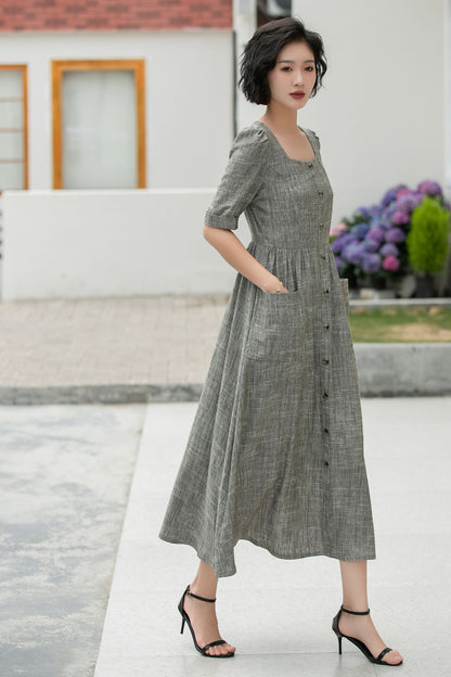 Gray Linen Cotton Midi Dress - Square Neckline with Puff Sleeves 5984