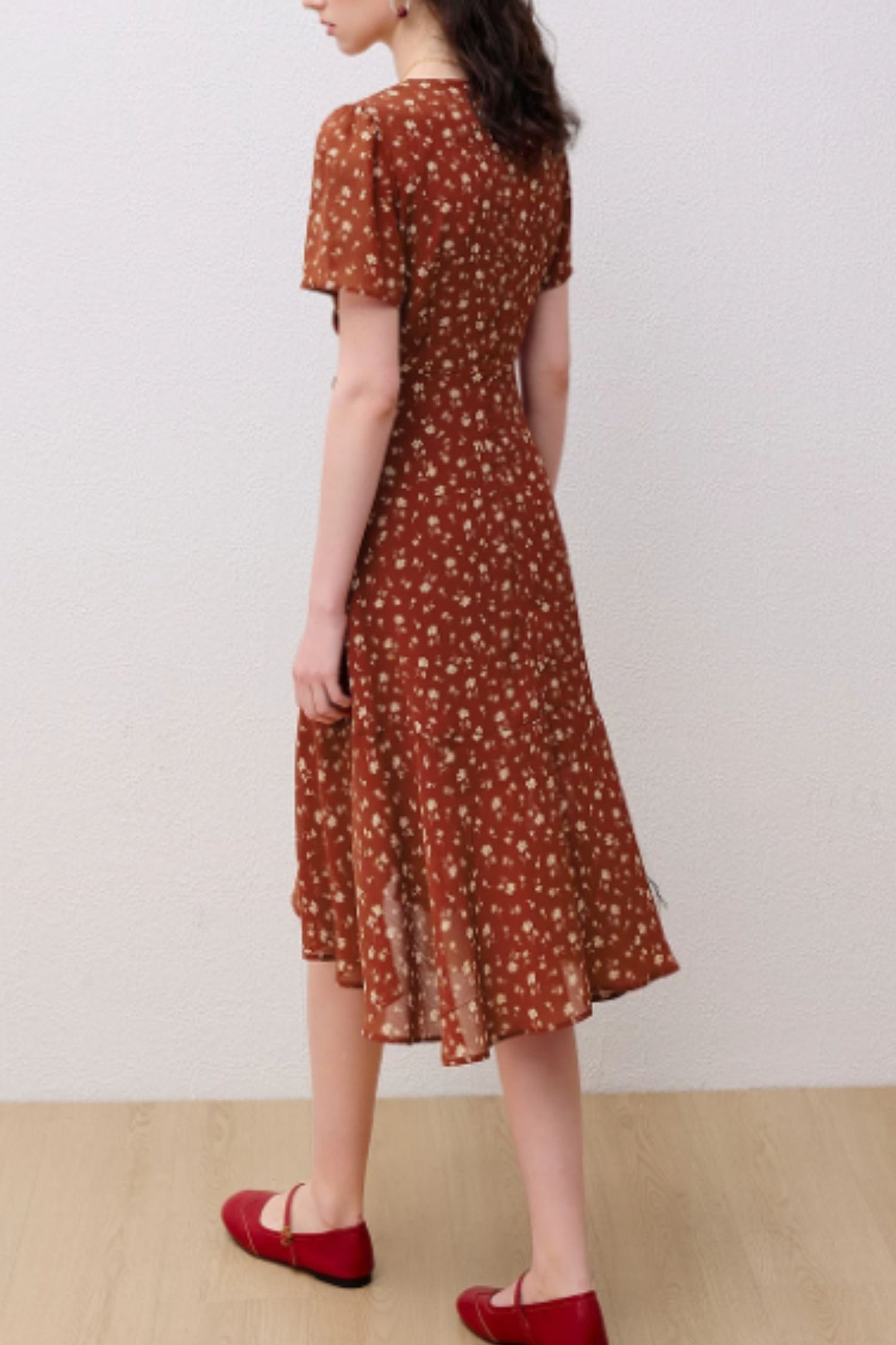 Red Floral Dress with Soft Asymmetrical Hem | Xiaolizi 6825