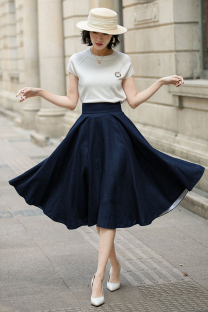 Navy Linen Midi Skirt - High Waist A-Line | Xiaolizi 6751