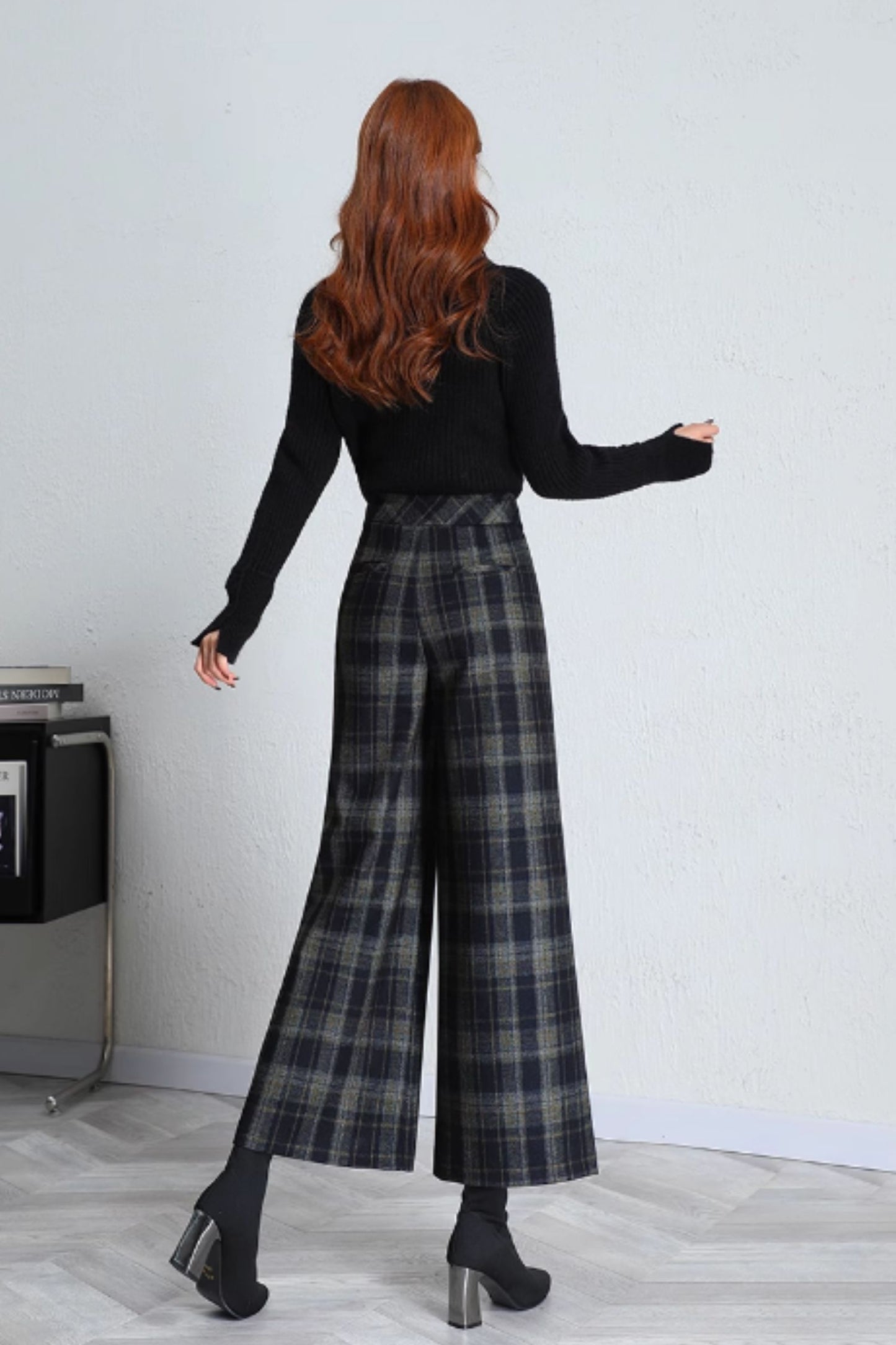 Wide leg winter plaid wool pants women 5417