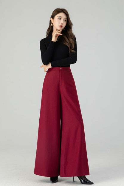 High waist burgundy wide leg long wool pants 4553