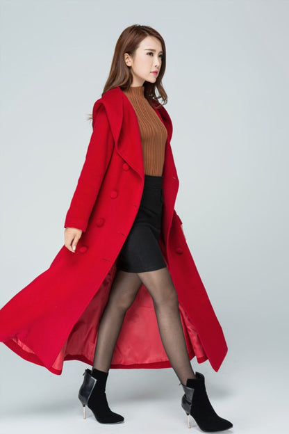 Red Wool Long Trench Coat - Hooded Double Breasted with Tie Belt 1602