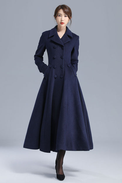 Navy Blue Wool Coat – Elegant Double-Breasted Fit and Flare Long Winter Overcoat 3208