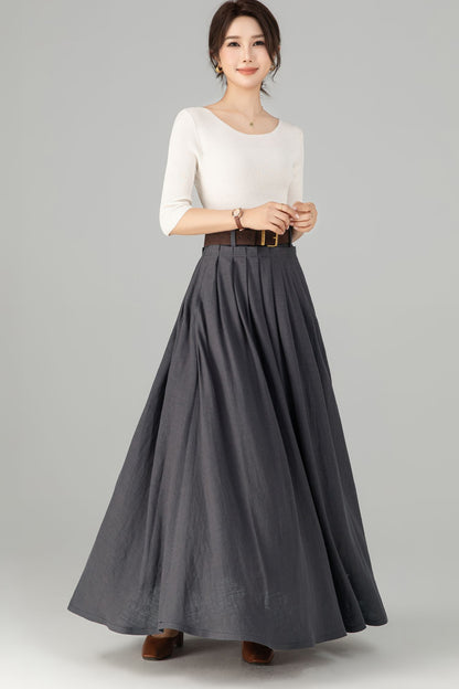 Dark Grey Linen Cotton Maxi Skirt - Pleated Waist with Side Pockets 5701