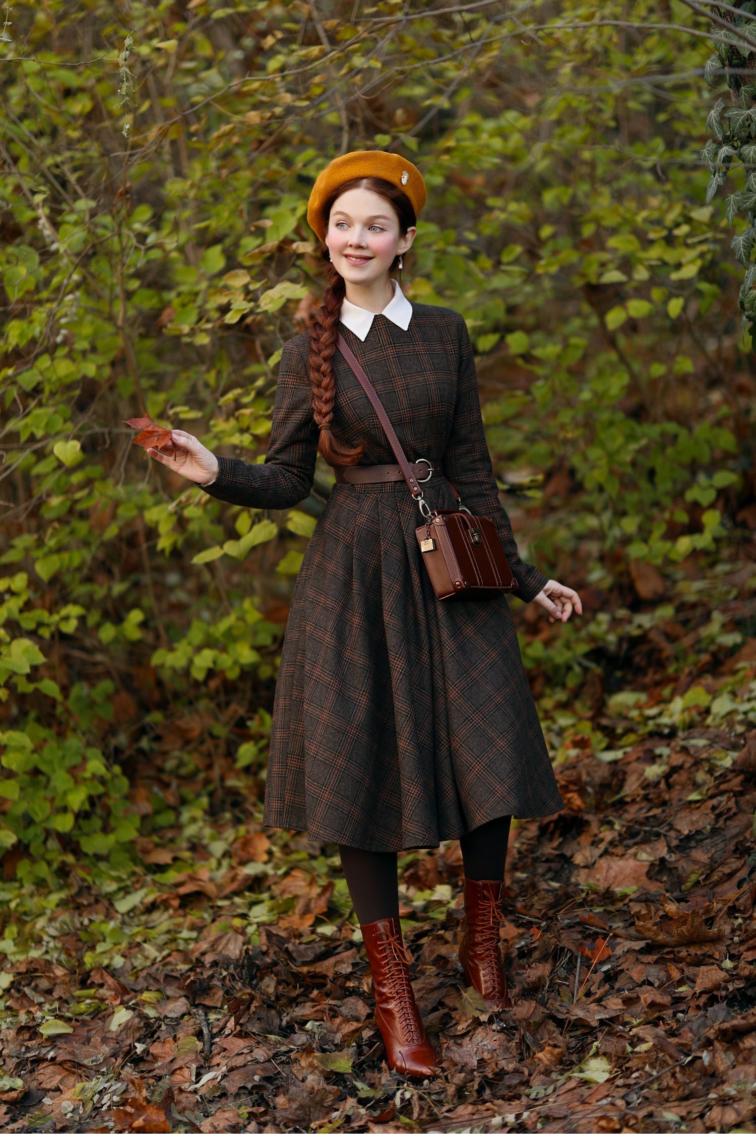 Brown Plaid Wool Midi Dress Handmade Vintage Winter | Xiaolizi 4814 Plaid / Custom Order Brown Plaid Wool Midi Dress Handmade Vintage Winter | Xiaolizi 4814 Plaid / Custom Order
