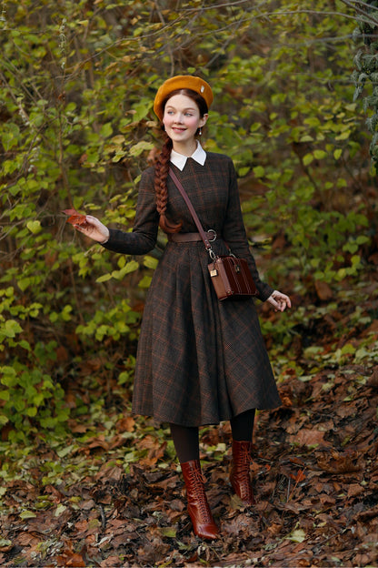 Brown Wool Blend Long Sleeve Plaid Dress – Handmade Retro Winter Style | Xiaolizi 4814