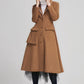 Women's Brown Wool Coat - Midi Length Winter Coat with Lapel Collar 5613
