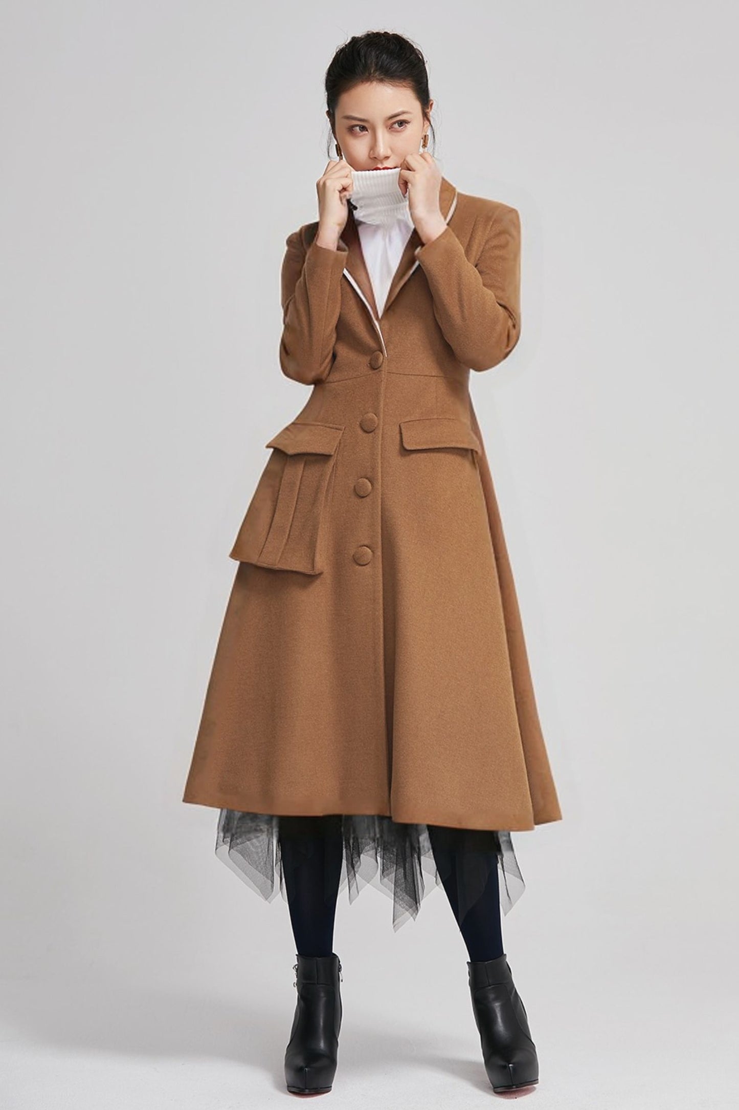 Women's Brown Wool Coat - Midi Length Winter Coat with Lapel Collar 5613