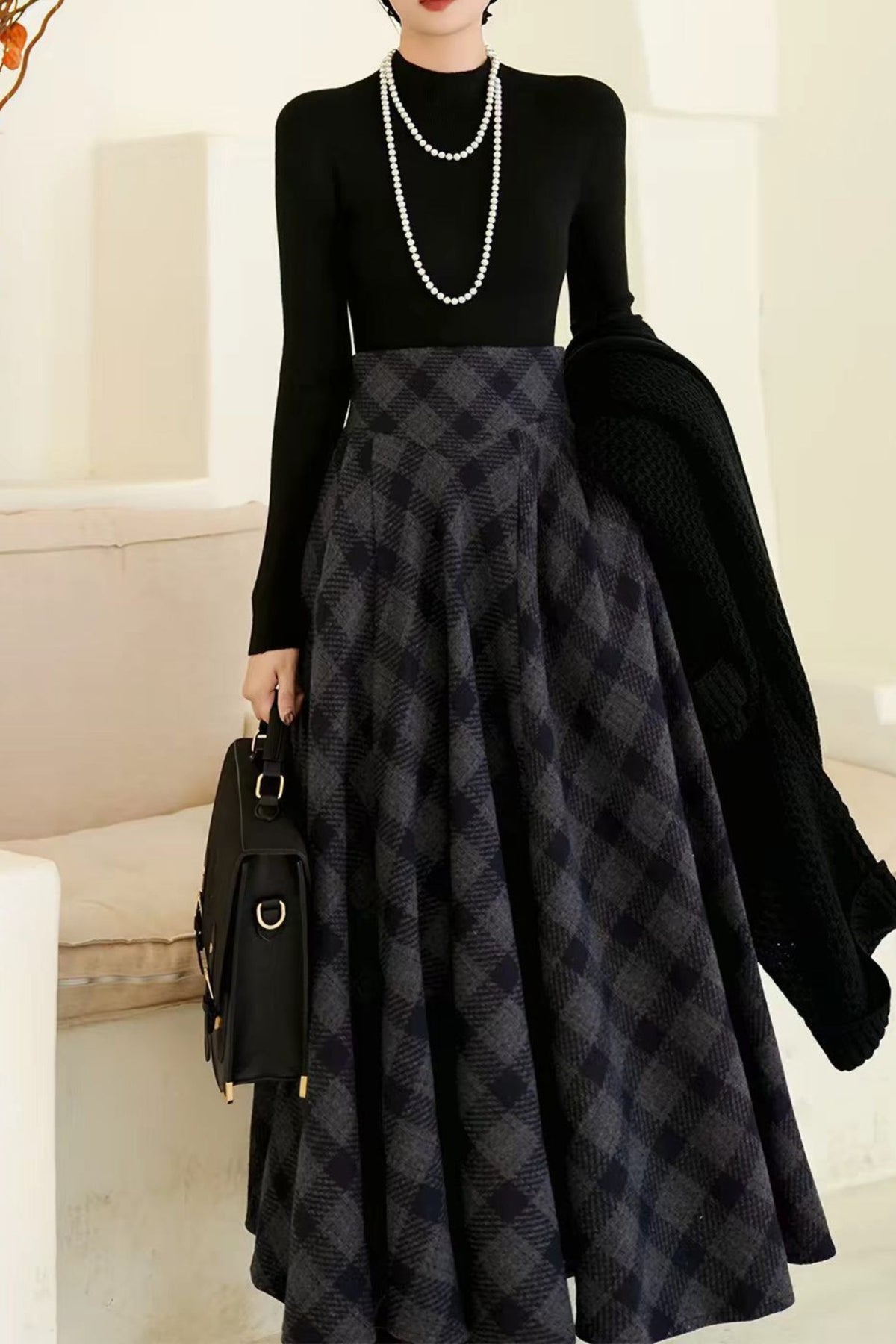 Vintage Navy Plaid Wool Swing Skirt- High Waist Swing  Winter Midi Skirt 7021