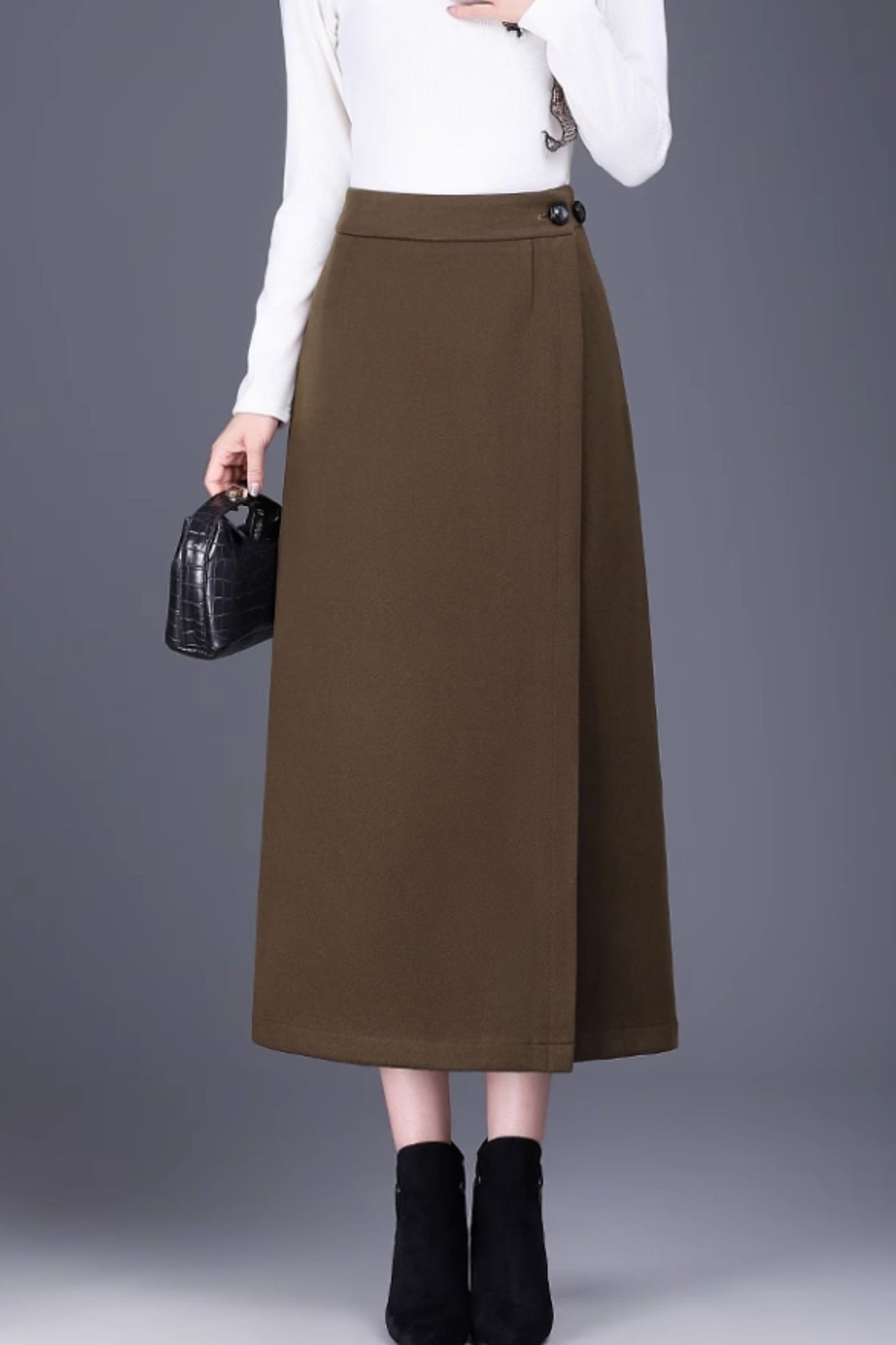 Brown Wool Wrap Midi Skirt - Adjustable Fit, Winter Warmth 6139