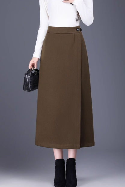 Brown Wool Wrap Midi Skirt - Adjustable Fit, Winter Warmth 6139