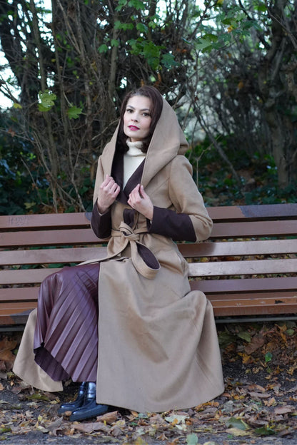 Camel Wool Trench Coat with Hood - Two-Tone Contrast Cuffs 4725