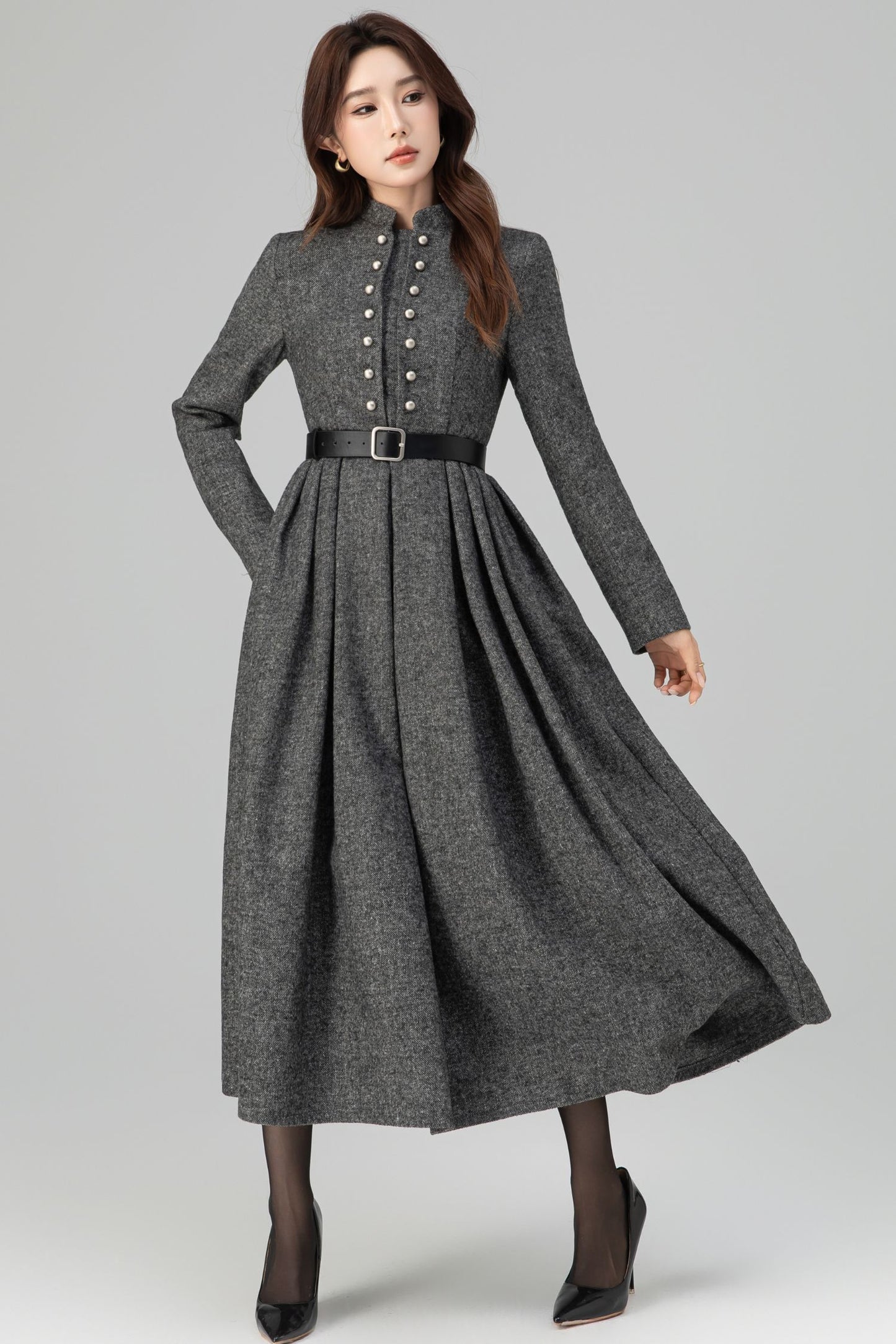 Long Sleeve Pleated Swing Wool Dress 6389