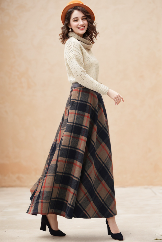 Handmade Women's Vintage Plaid Wool Long Skirt - Winter High Waist 5275