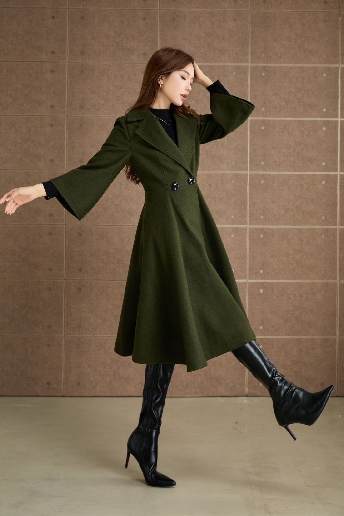 Green princess long winter wool coat 5364