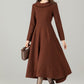 Brown Wool-Blend High‑Low Midi Dress – Wide Fold‑Over Collar & Pockets 6500