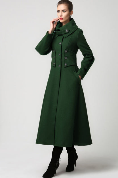 Army Green Wool Coat - Elegant Military-Inspired Maxi Long Coat 1118