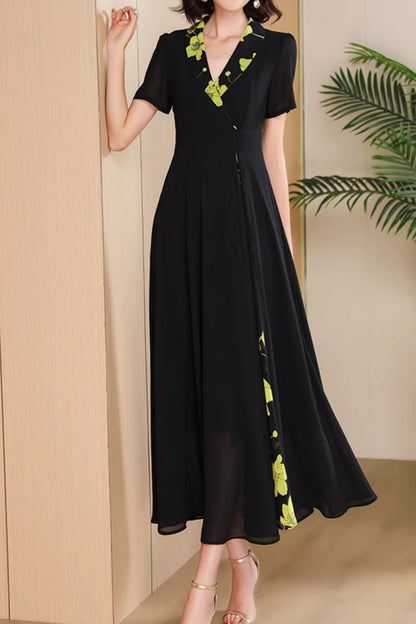 Black Chiffon Midi Dress - Lapel Collar with Floral Contrast 4994