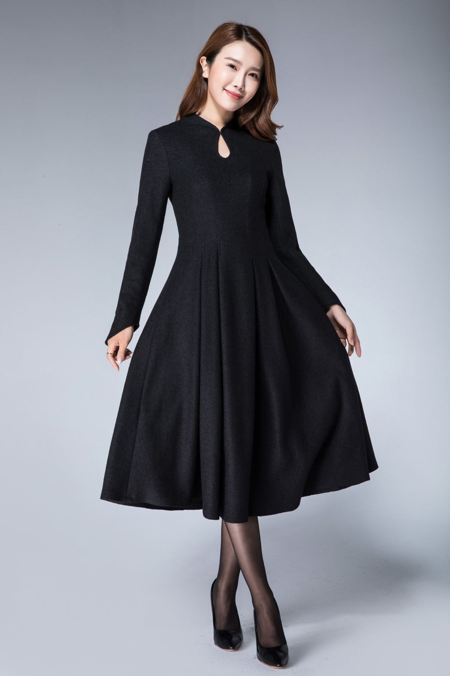 Mandarin collar black winter wool dress women 1872