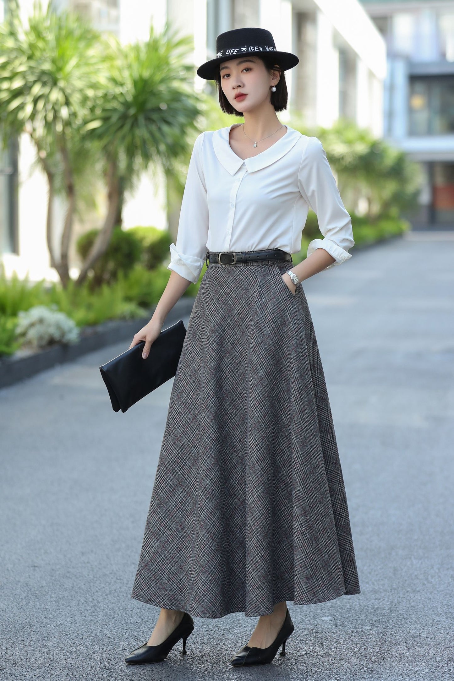 Gray Plaid Wool Maxi Skirt – Vintage High Waist Winter Skirt with Pockets 3106