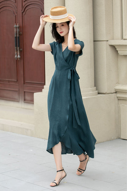Short sleeve Green Linen Wrap dress 5142