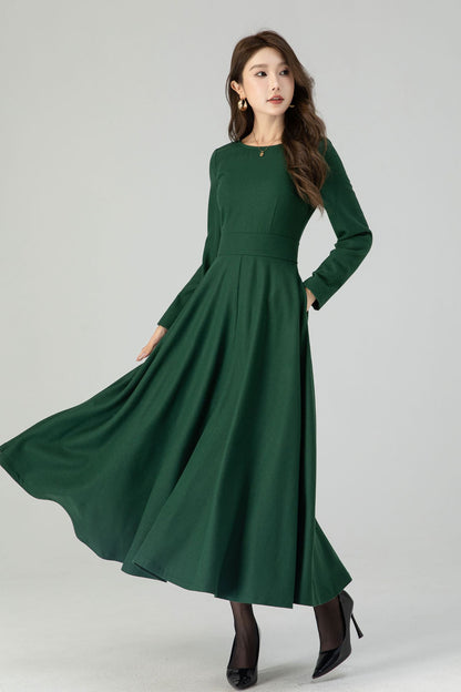 Green Wool Maxi Dress – Women’s Long Sleeve Fit and Flare Winter Dress 4551