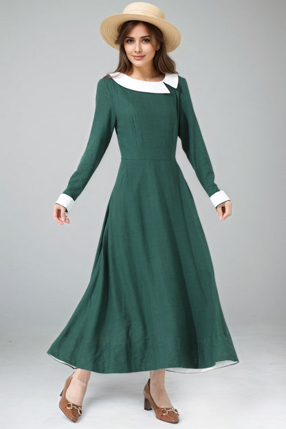 Xiaolizi Handmade Green Linen Maxi Dress – Vintage Long Sleeve A-Line Dress 6341